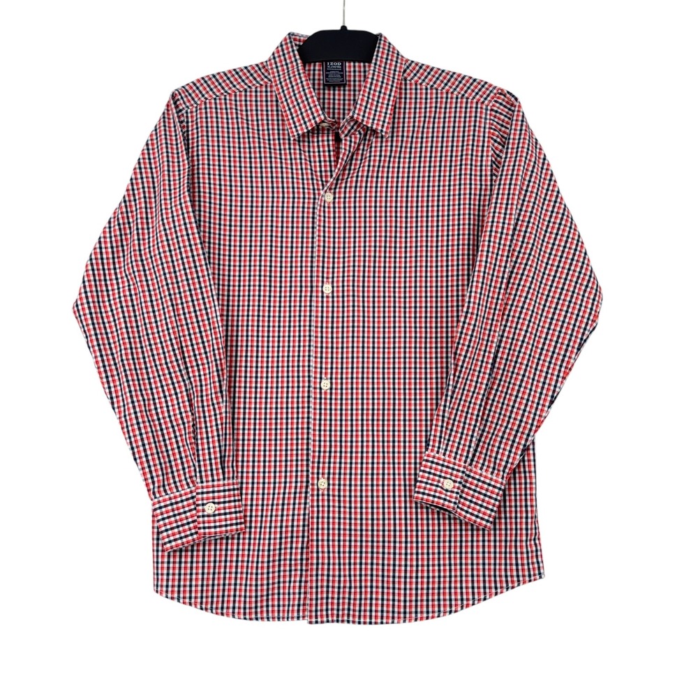 IZOD‎ Boys XL 14/16 Red White Navy Blue Gingham Check Button Down Shirt Regular